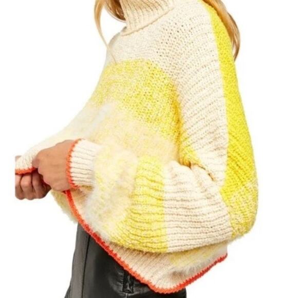 Bucket List Free People Sunbrite Yellow Multi Chunky Knit Turtleneck Sweater - Picture 2 of 12
